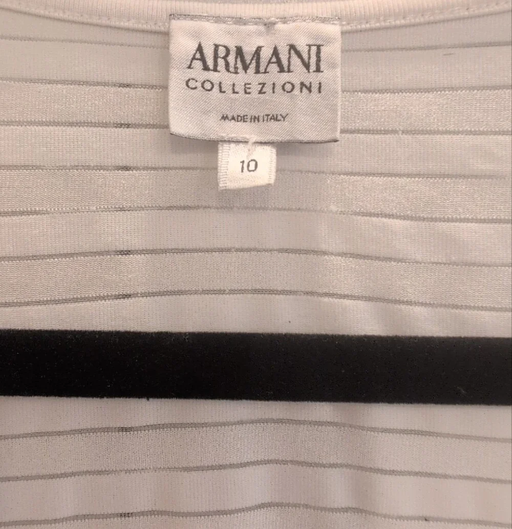 Armani Collezioni White Striped Short-Sleeve Stretchy Scoop Neck Tee Sz 10